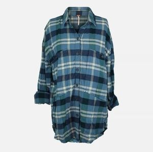 Free People Winter Sea blue long Plaid button down